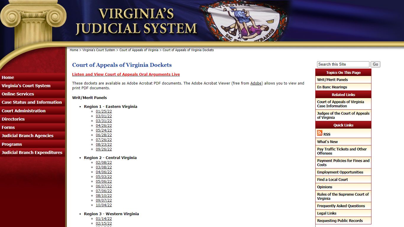 Court of Appeals of Virginia Dockets - Judiciary of Virginia